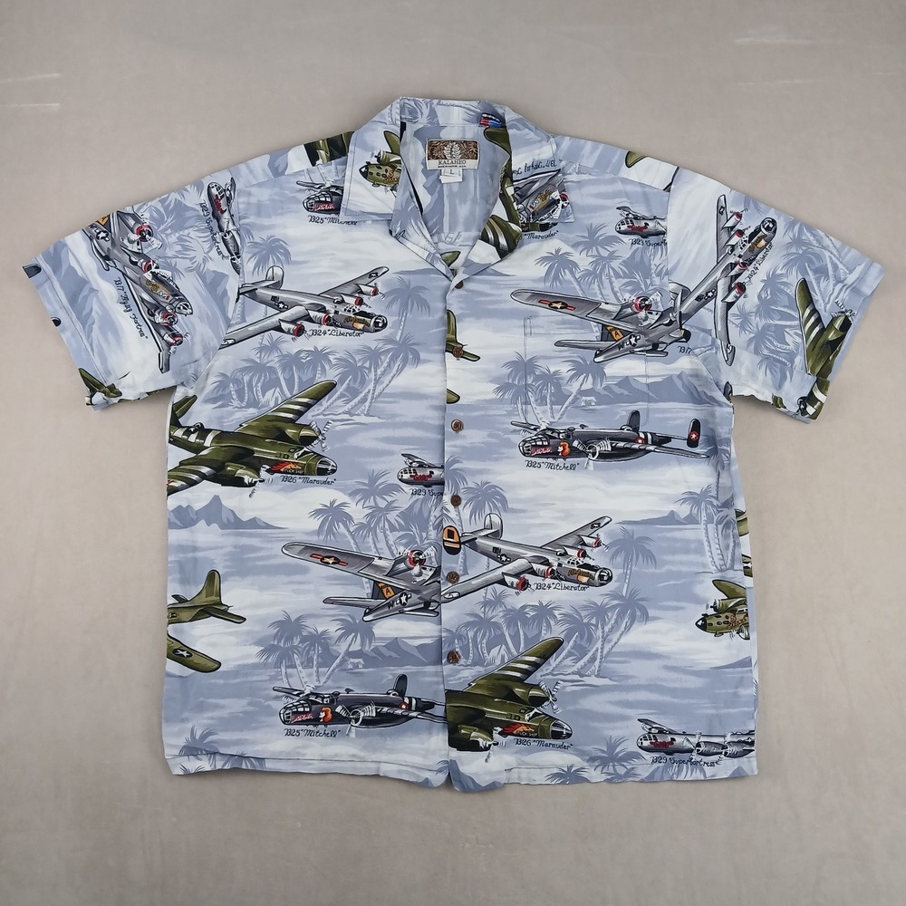 Kalaheo Large Mens Shirt Hawaiian Camp Fighter Bomber Airplane USA 24x27‎